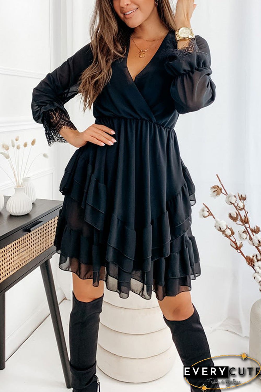 Cross V Neck Solid Color Mini Dress