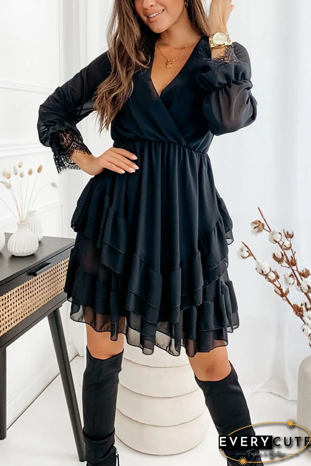 Cross V Neck Solid Color Mini Dress