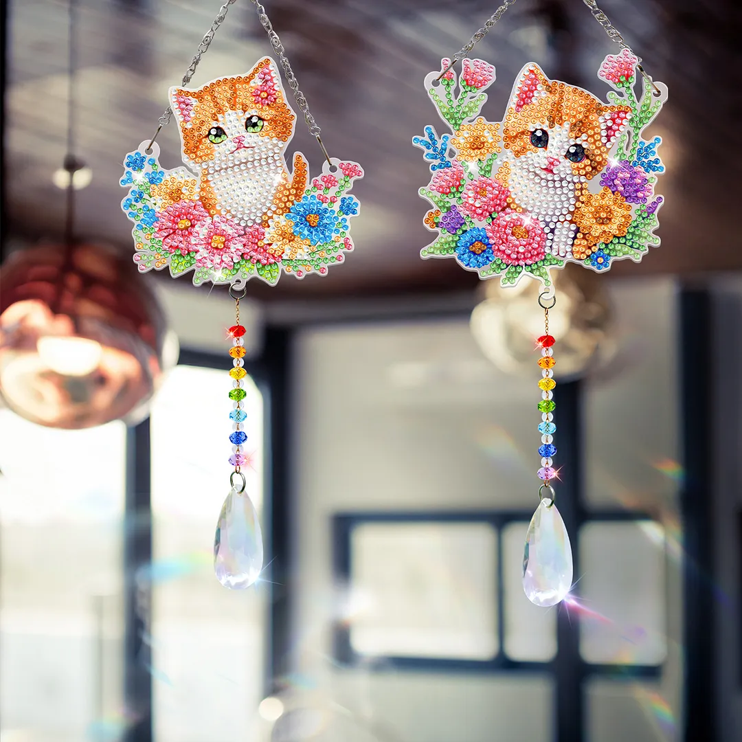 2Pcs Flower Kitten DIY Acrylic Diamond Painting Art Wind Chimes with Crystal Pendant Diamond Art Hanging Pendant Double-Sided for Adults Beginners Gift Home Garden Decor