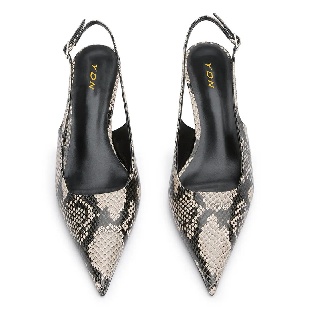 YDN Pointed Toe Python Print Kitten Heel Buckle Strap Slingback Pumps