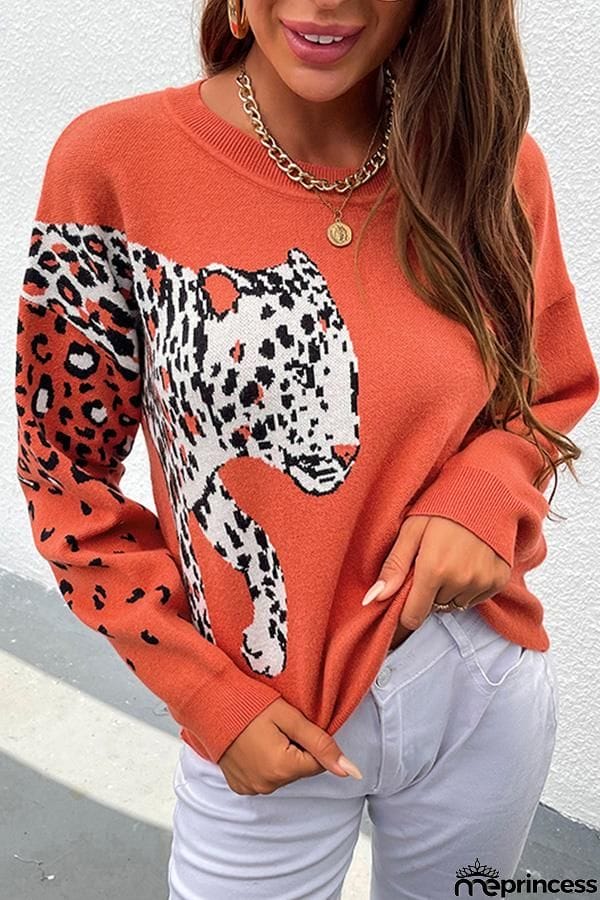 Long Sleeve Animal Print Round Neck Sweater