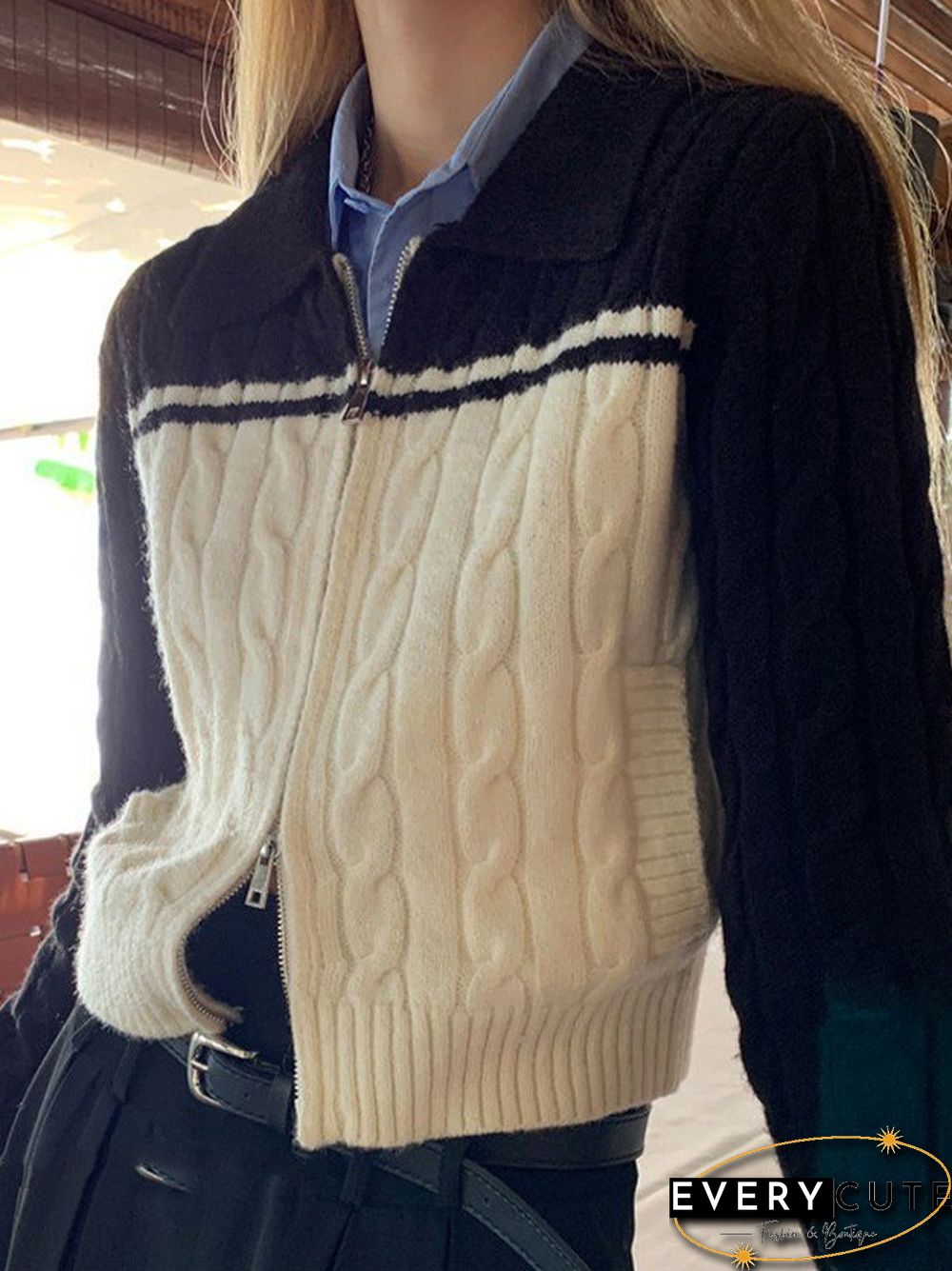 Color Block Cable Knit Zip Up Cardigan