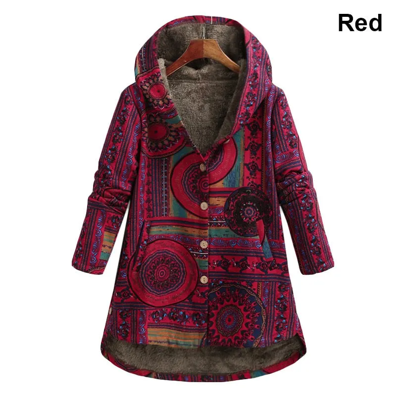 2021 Women Winter Long Hooded Pockets Oversized Floral Printed Loose Casual Jackets Button Comfort Long Sleeve Parkas Coats