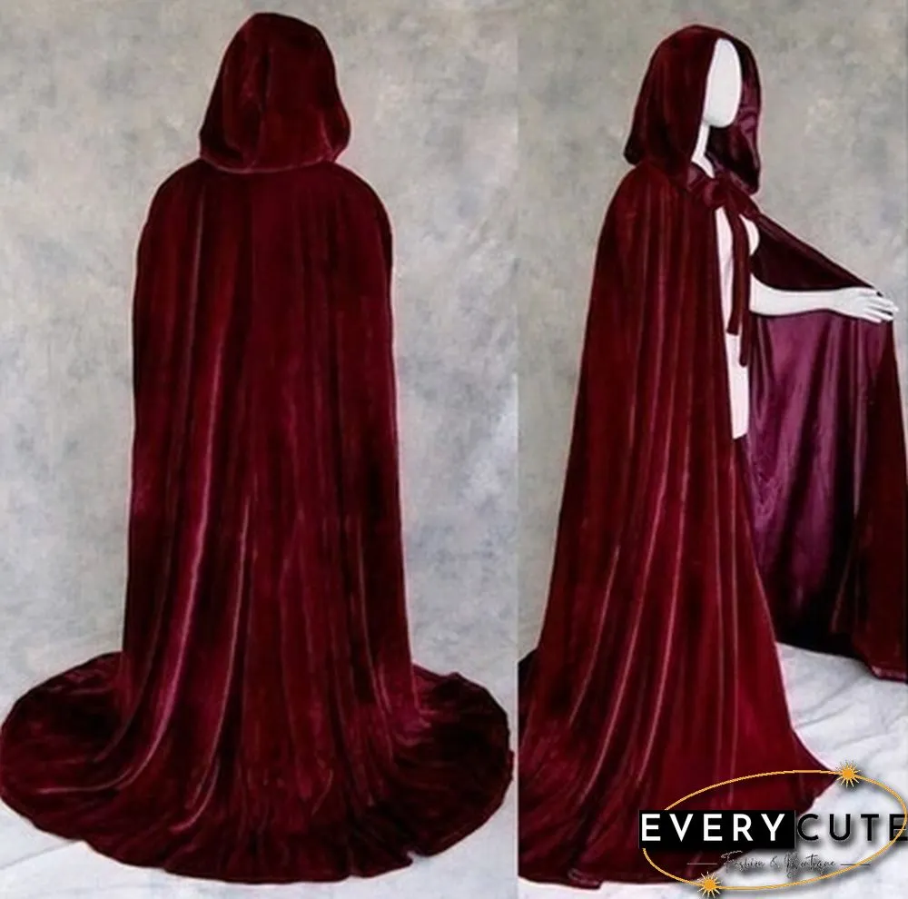 Adult Hooded Cloak Long Velvet Cape Robe Green Black Red Halloween Carnival Purim Coats Medieval Witch Wicca Vampire Costume