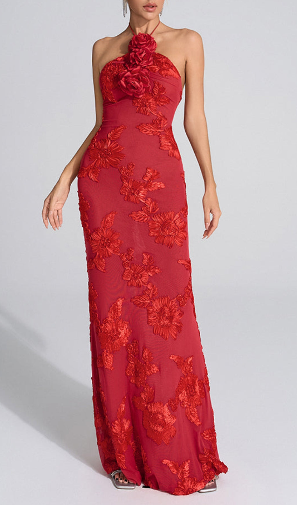 Bambi Red Halter Flower Maxi Dress Flowering Girl