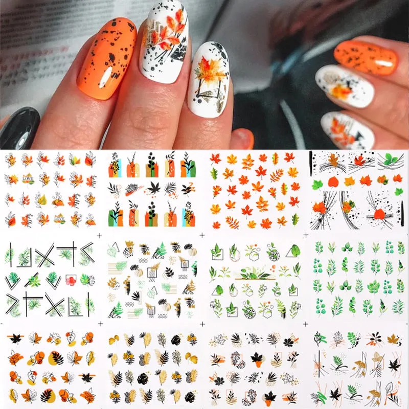 12pcs Geometric Lines Nail Sliders Water Sticker Set Flowers Leaves Design Watercolor Ink DIY Manicures Nail Art Decals Foil