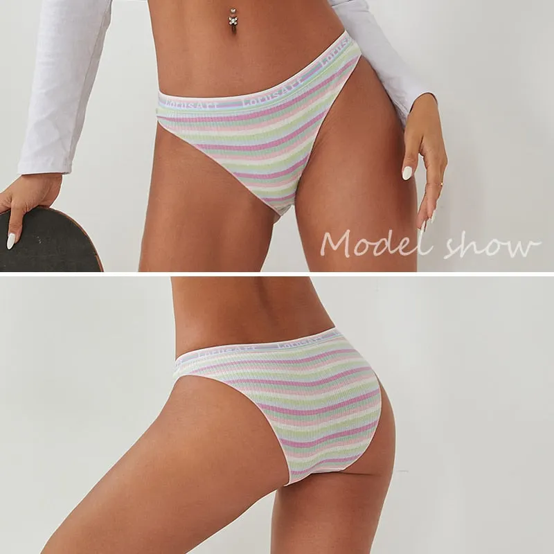 FINETOO 3Pcs/set Colorful Stripes Panties Women's Cotton Briefs M-XL Low-Rise Rainbow Underwear Ladies Underpants Girls Panties