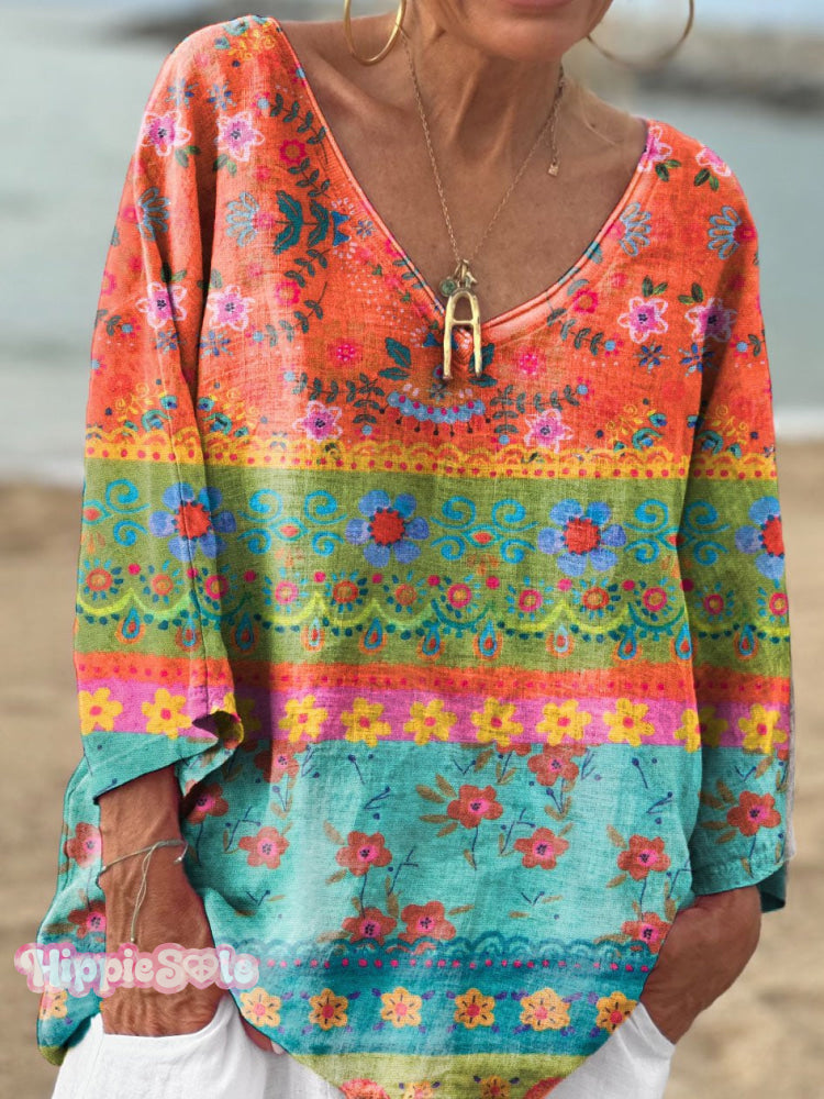 Women&rsquo;s Bohemian Floral Art Print V-Neck Long Sleeve Comfortable Cotton T-Shirt Multicolor / S