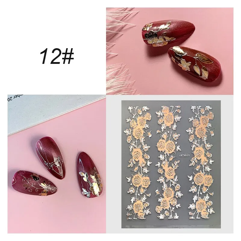 3D Flower Lace Nail Stickers iridescent Bronzing Floral Leaf Transfer Stickers For Nails Manicuring Accessories