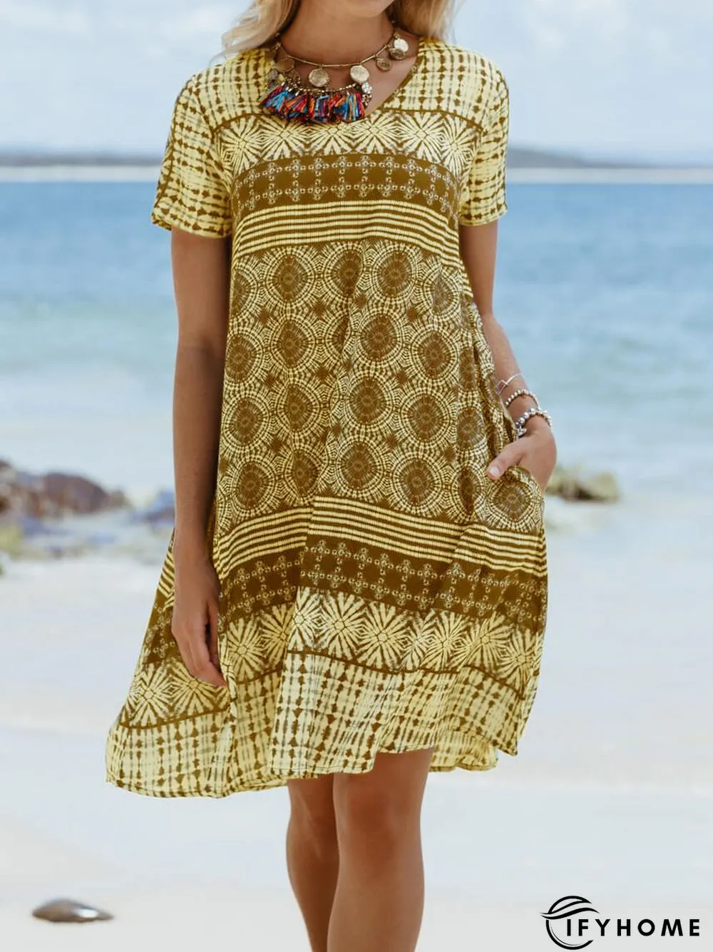 Cotton-Blend Short Sleeve Printed Weaving Dress | IFYHOME