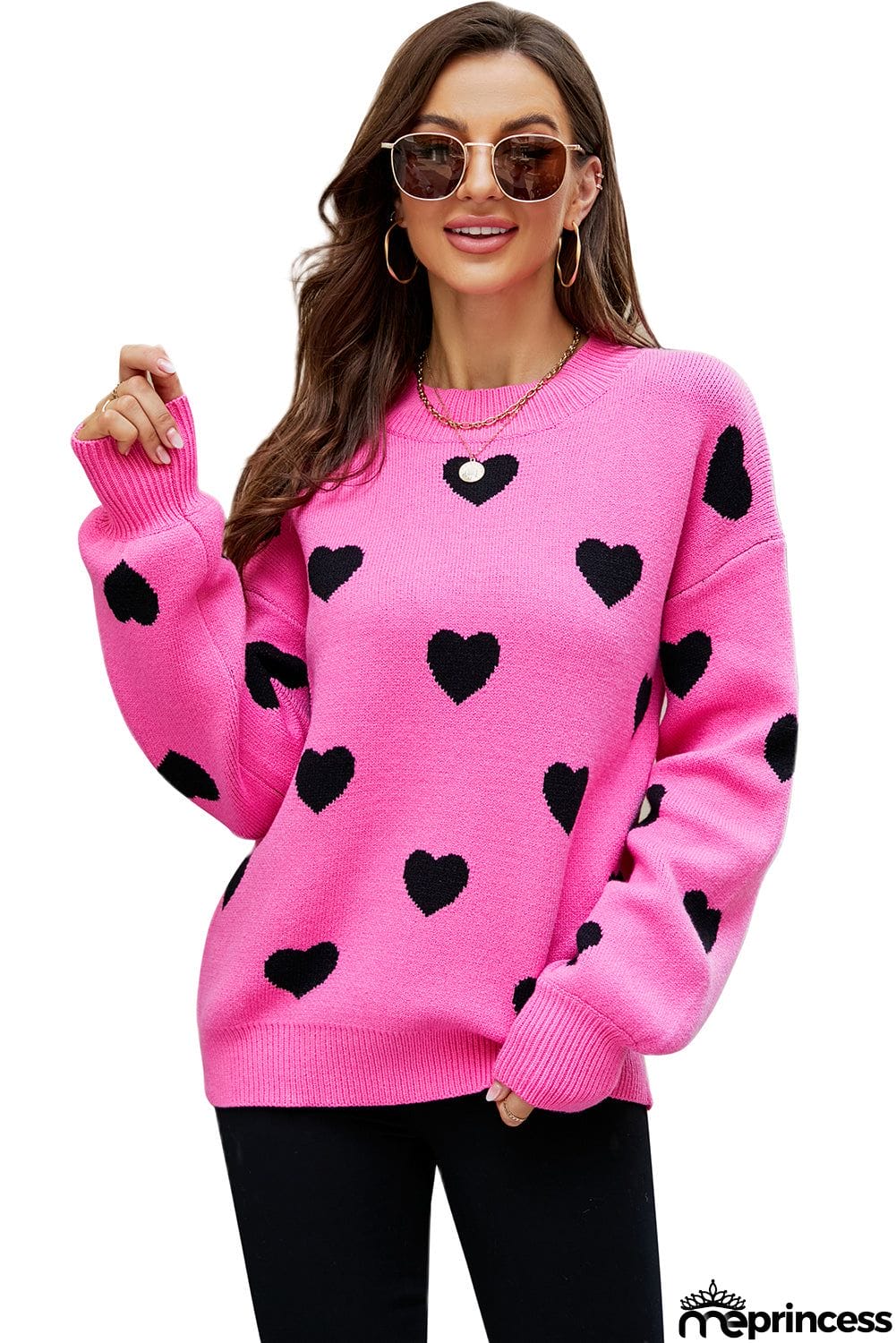 Heart Pattern Ribbed Trim Knit Sweater