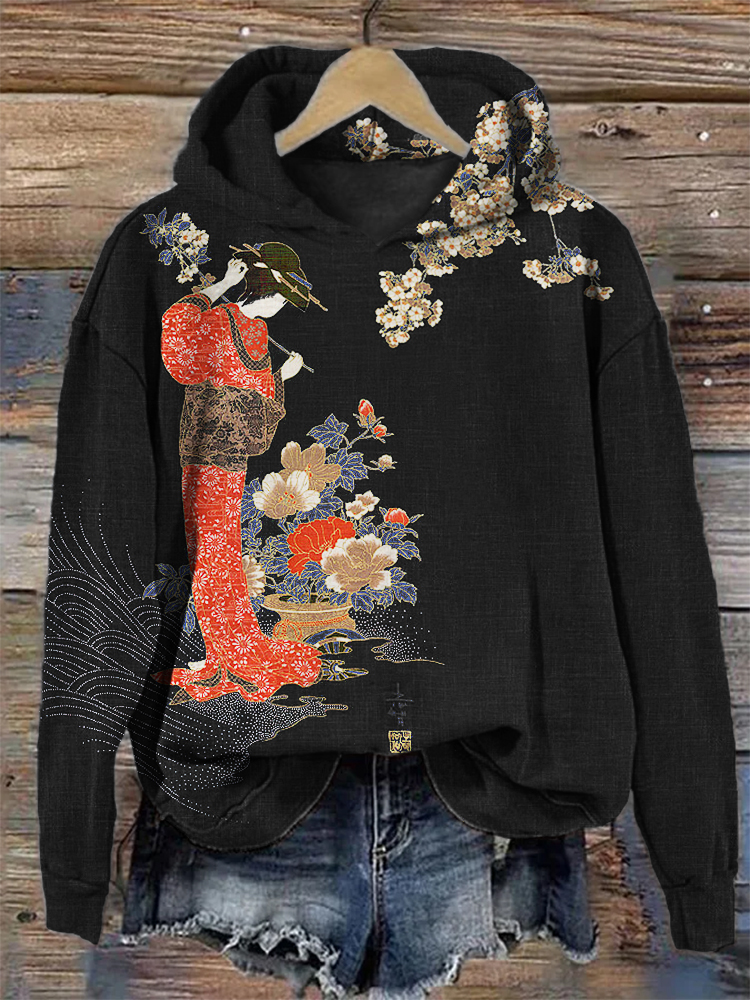 Elegant Japanese Geisha with Flowers Art Hoodie artswardrobe