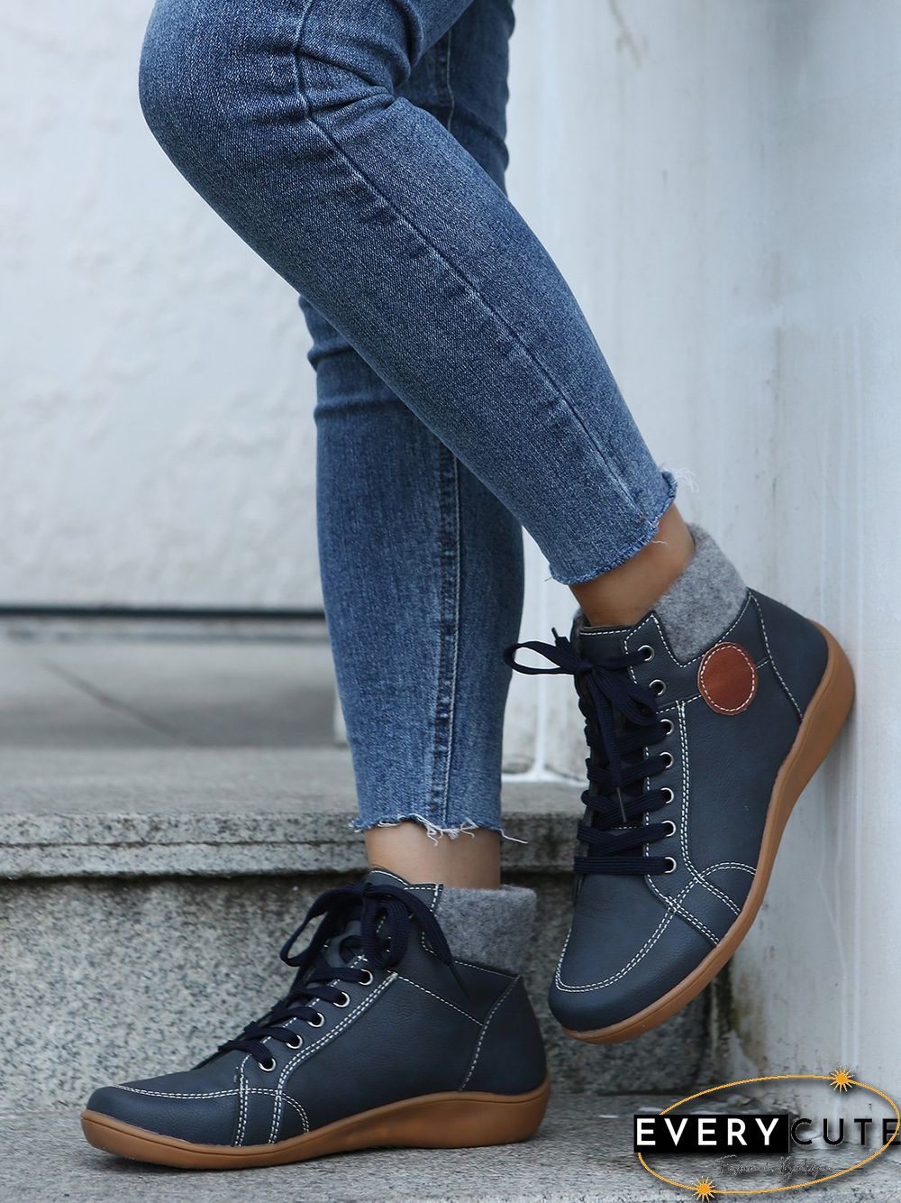 PU Leather Suede Panel Casual Short Boots