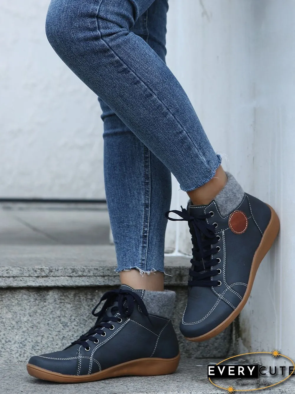 PU Leather Suede Panel Casual Short Boots