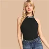 SHEIN Black Rib Knit Lettering Halter Neck Slim Fit Tank Tops Women Vest 2019 Summer Fashion Female New Active Wear Top Vests