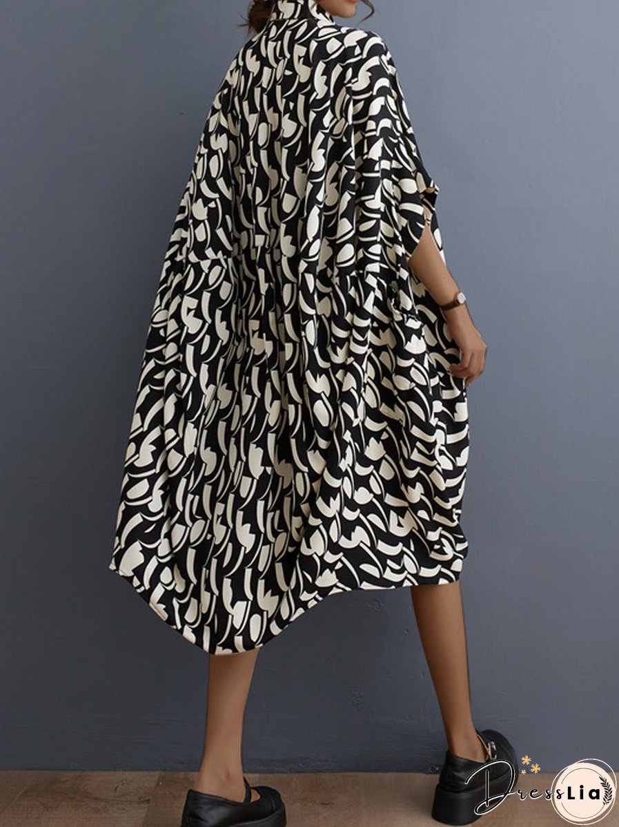 Literary Retro Floral Loose Lapel Temperament Midi Dress