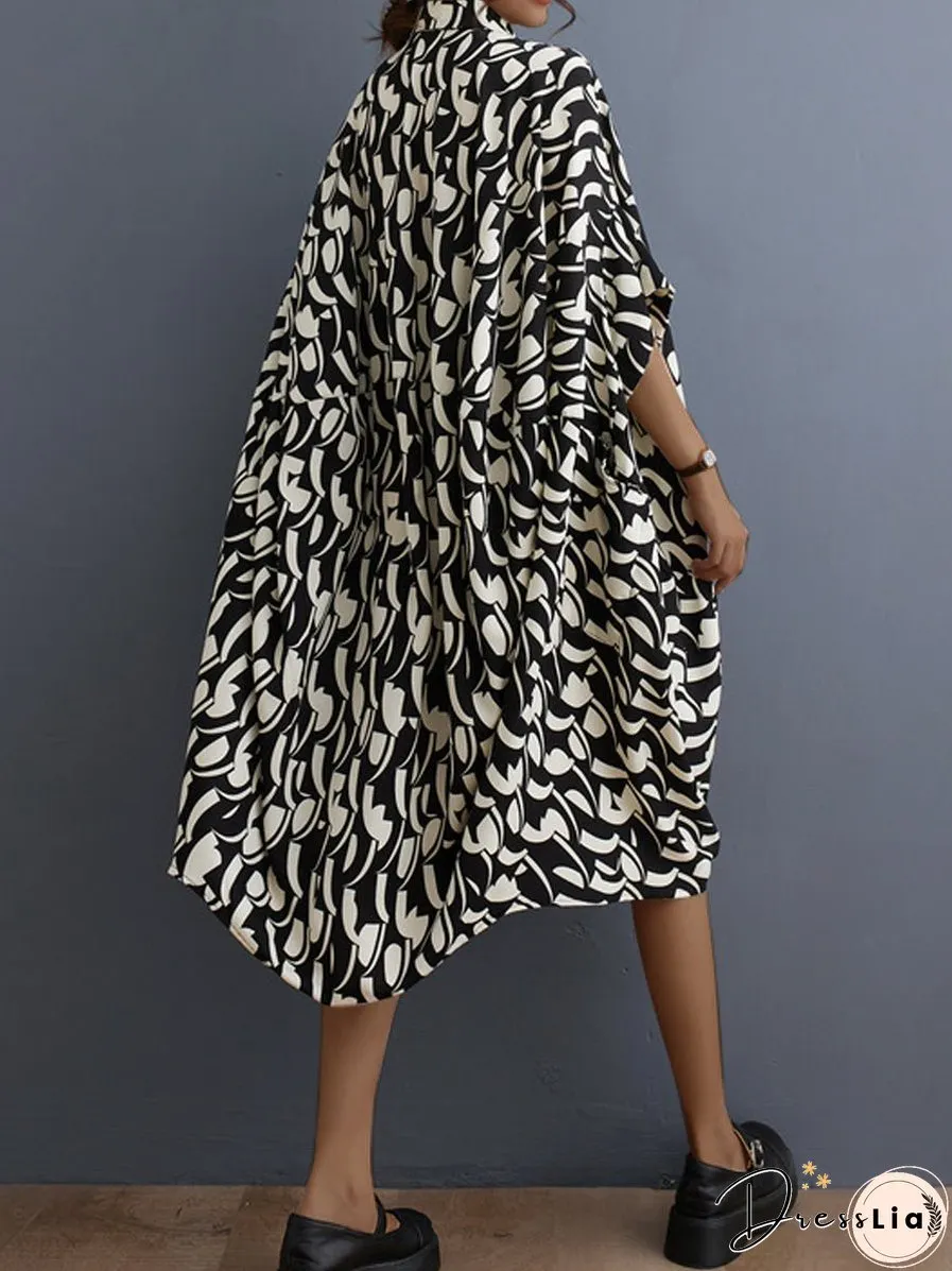 Literary Retro Floral Loose Lapel Temperament Midi Dress