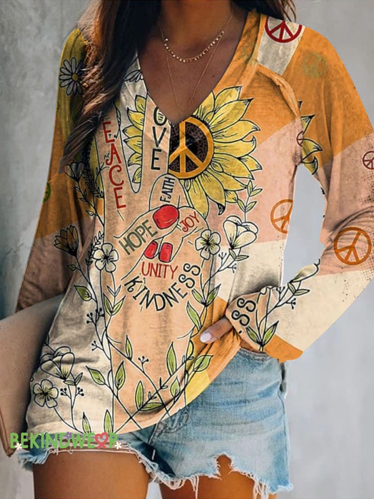 Women&rsquo;s Colorblock Floral Scissorhands Hippie Print V Neck Long Sleeve Tops Color / S