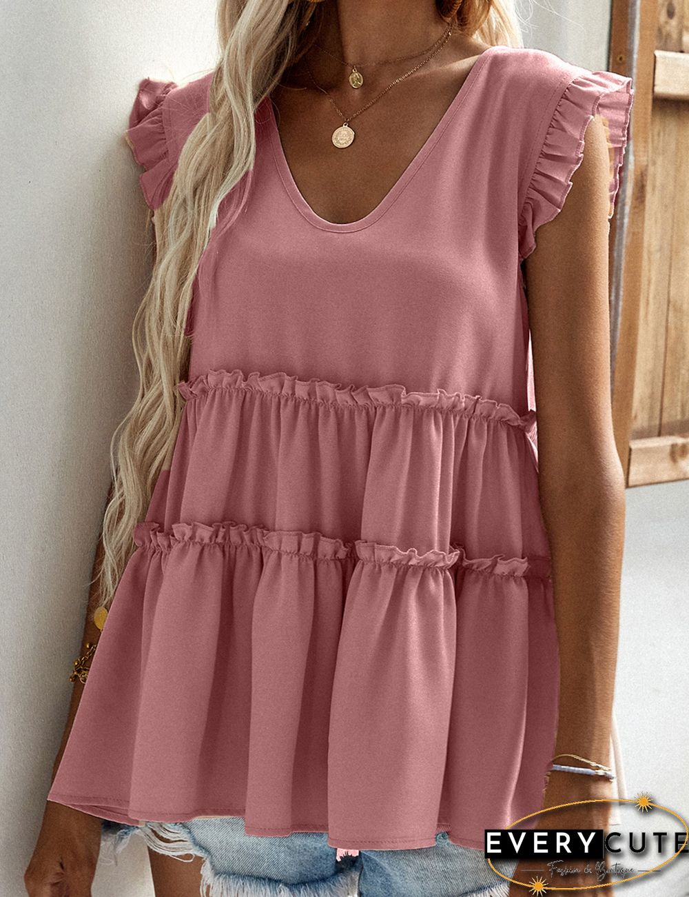 Pink V Neck Ruffles Sleeveless Tank Top
