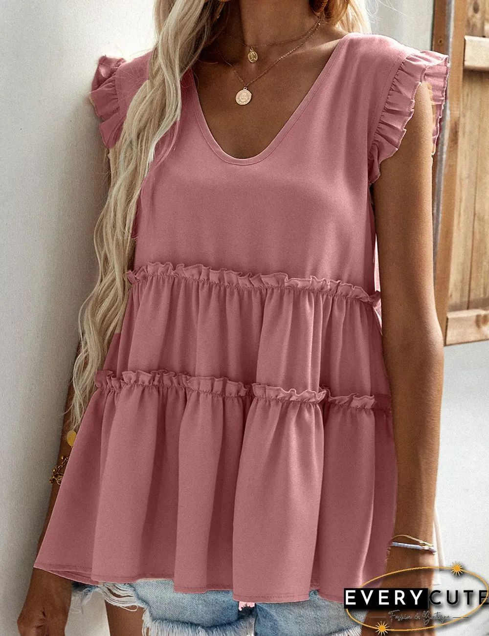 Pink V Neck Ruffles Sleeveless Tank Top