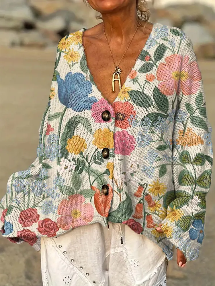 Women's Retro Art Flowers Casual Pullover Sweater