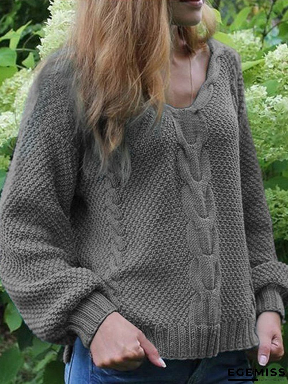 Casual Plain Knitted V-neck Long Sleeve Sweater | EGEMISS
