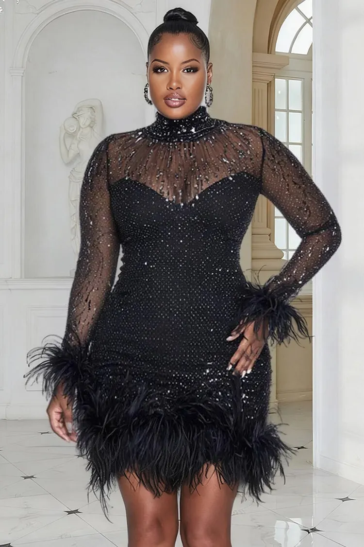 Xpluswear Design Plus Size Cocktail Party Sequin Black Mock Neck Long Sleeve Bodycon Feather Mesh Mini Dresses  2024 - Xpluswear