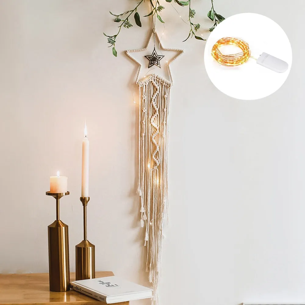 Moon Star Macrame Dream Catcher Wall Hanging Boho Room Decor Kids Girls Home Decoration With Led Light Gifts Dropshipping