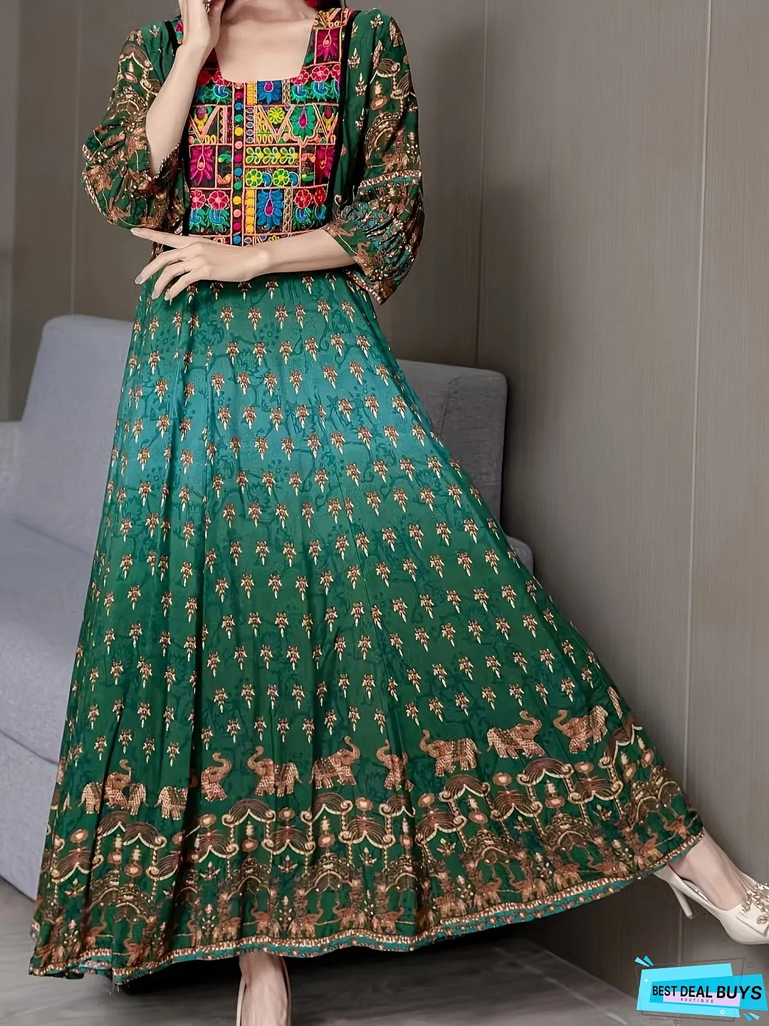 Ethnic Floral Pattern Maxi Dress, Boho Square Neck 3/4 Sleeve Dress, Women's Clothing