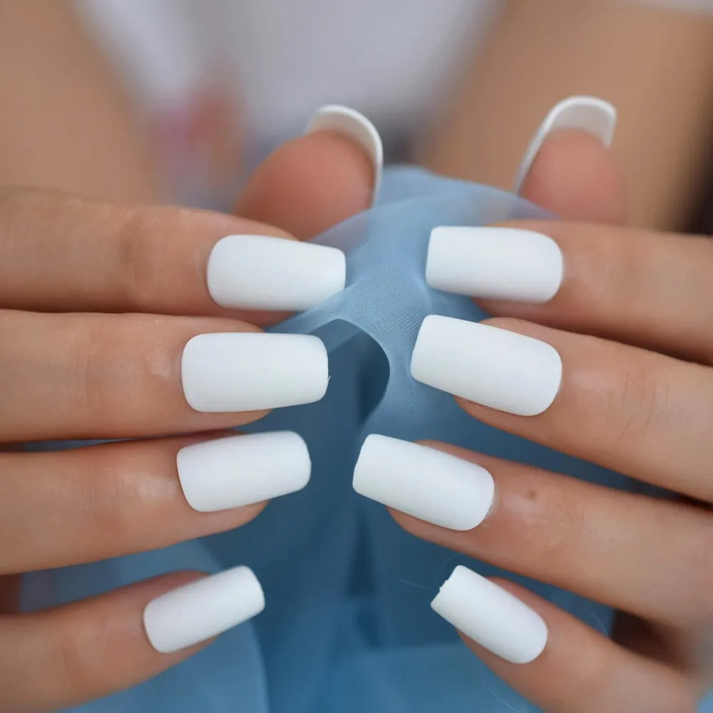 Medium Long Matte Fake Nails White Matt Solid Color Nail Tips Square Acrylic Fignernails 24-Nail Inspo