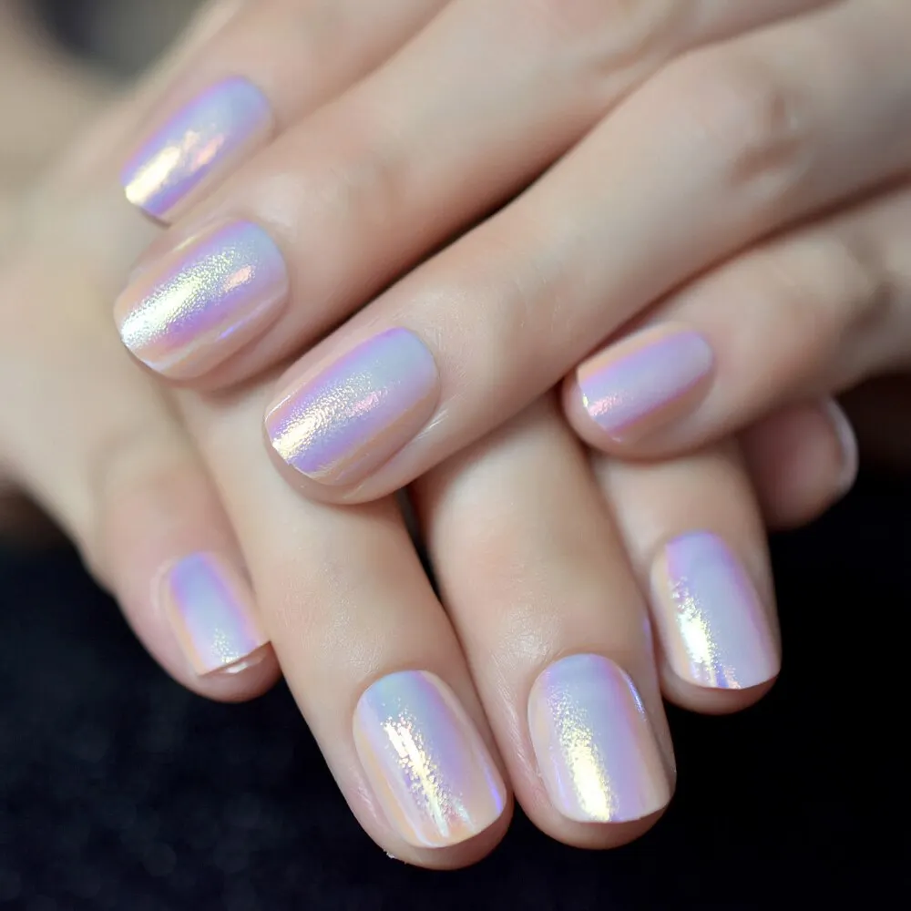 Pearl Shine Glossy Fake Nails Shimmer White Square Ombre French Nail Faux Ongles Gradient Medium Fingernails with Gluetabs-Nail Inspo