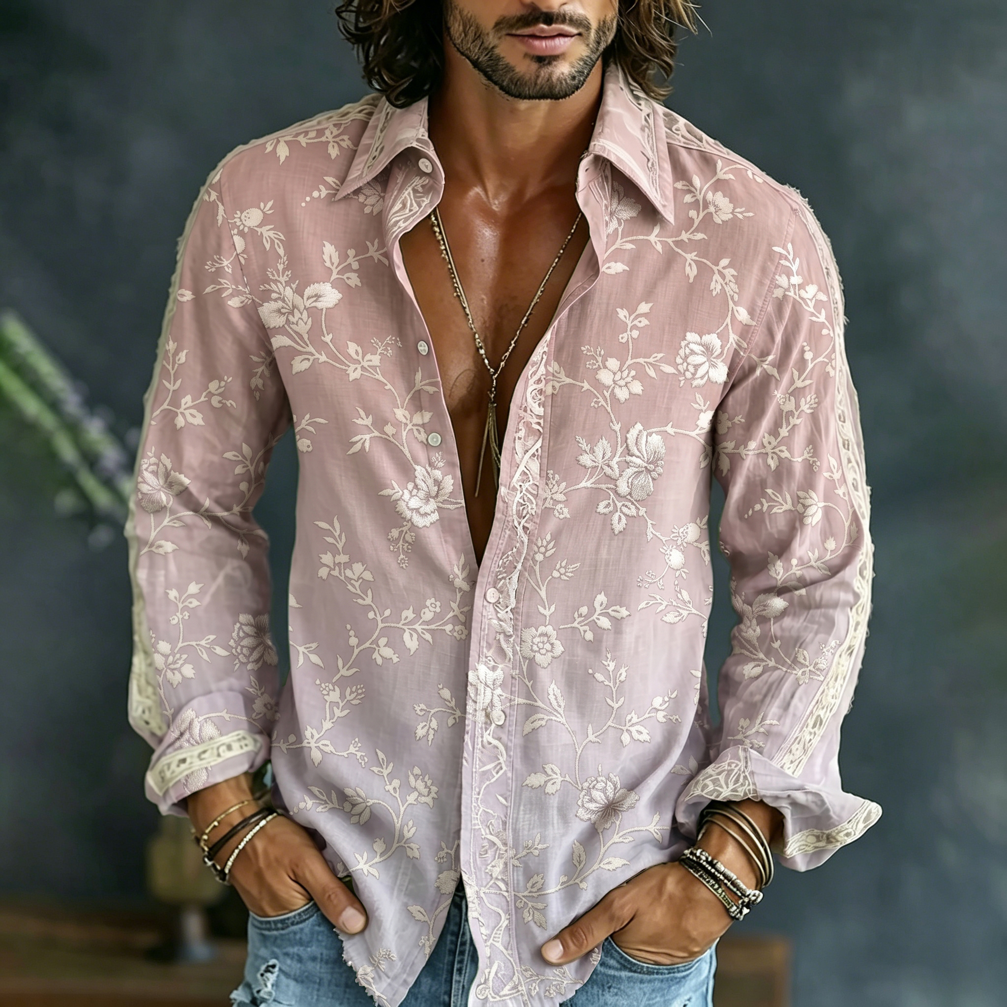 Comstylish Men's Vintage Floral Gradient Art Flowy Linen Blend Shirt