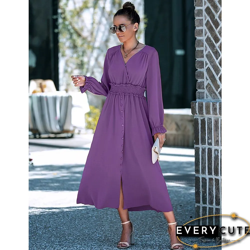 Purple Solid Smocked Waist Swing Maxi Dress