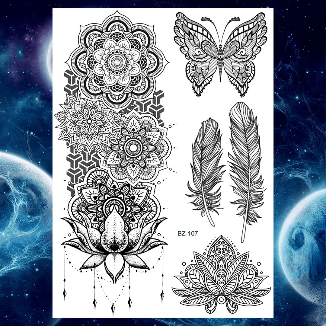 Sexy Black Henna Temporary Tattoos For Women Girls Lotus Flower Lace Tattoo Sticker Fake Jewelry Mandala Body Chest Tatoos Paper