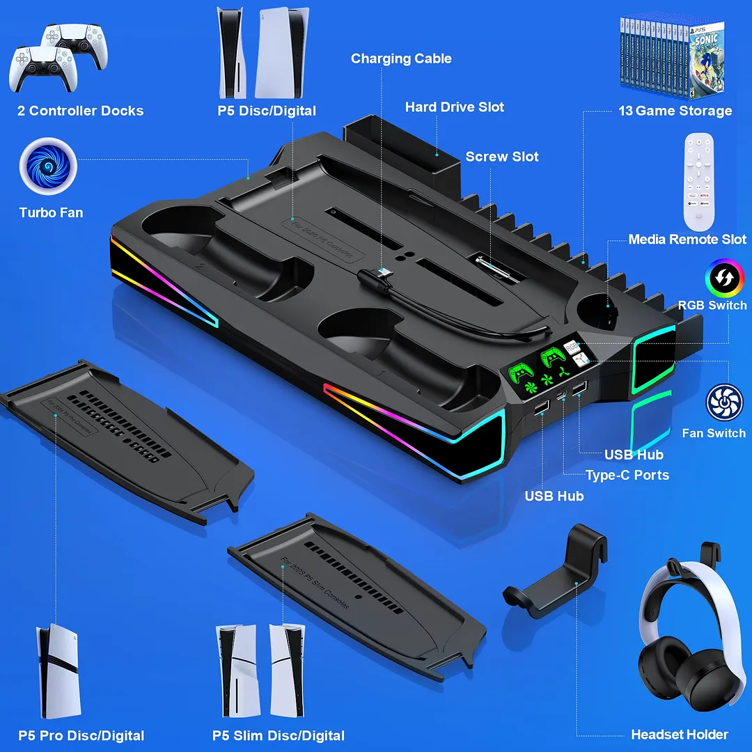 复制复制PS5 Stand Cooling Station for 2023 PS5 Slim,DinoFire Dual Fast PS5 Controller Charging Station,PS5 Accessories for Sony 2020 PS5 Digital/Disc Console