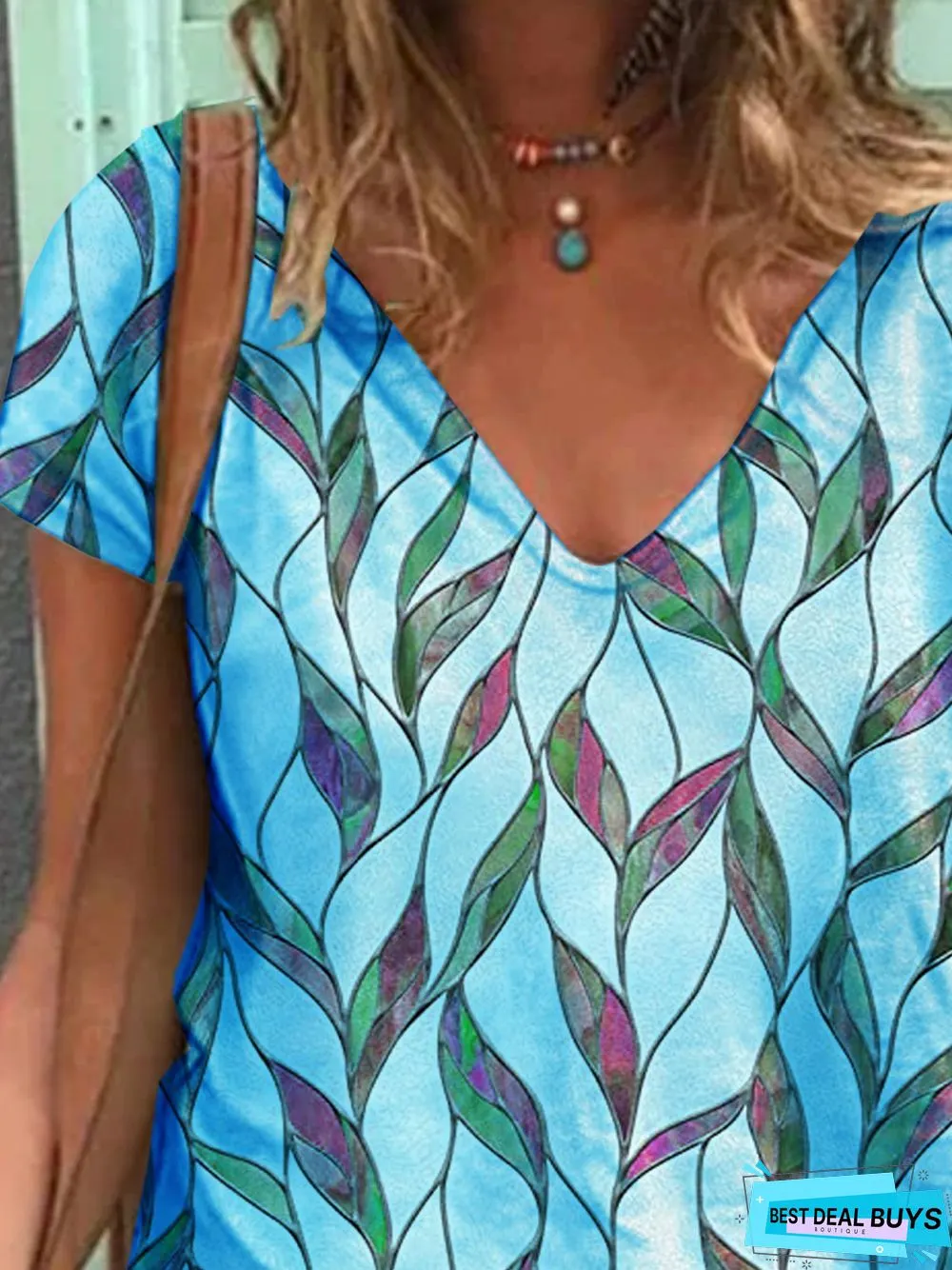 Leaves  Short Sleeve Printed  Cotton-blend  V neck  Vintage Summer  Blue Top