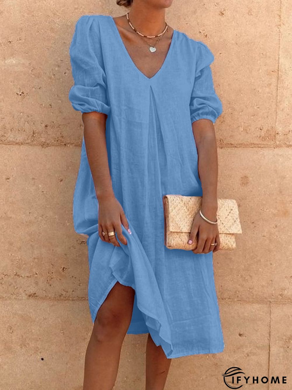 New Women Chic Plus Size Vintage Boho Hippie Holiday 3/4 Sleeve Plain Shift Casual Weaving Dress | IFYHOME