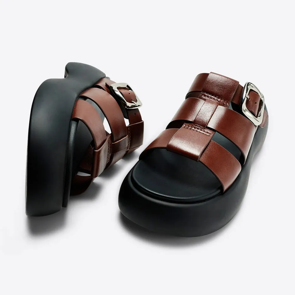 Brown Faux Leather Round Toe Platform Mules Sandals with Buckle 