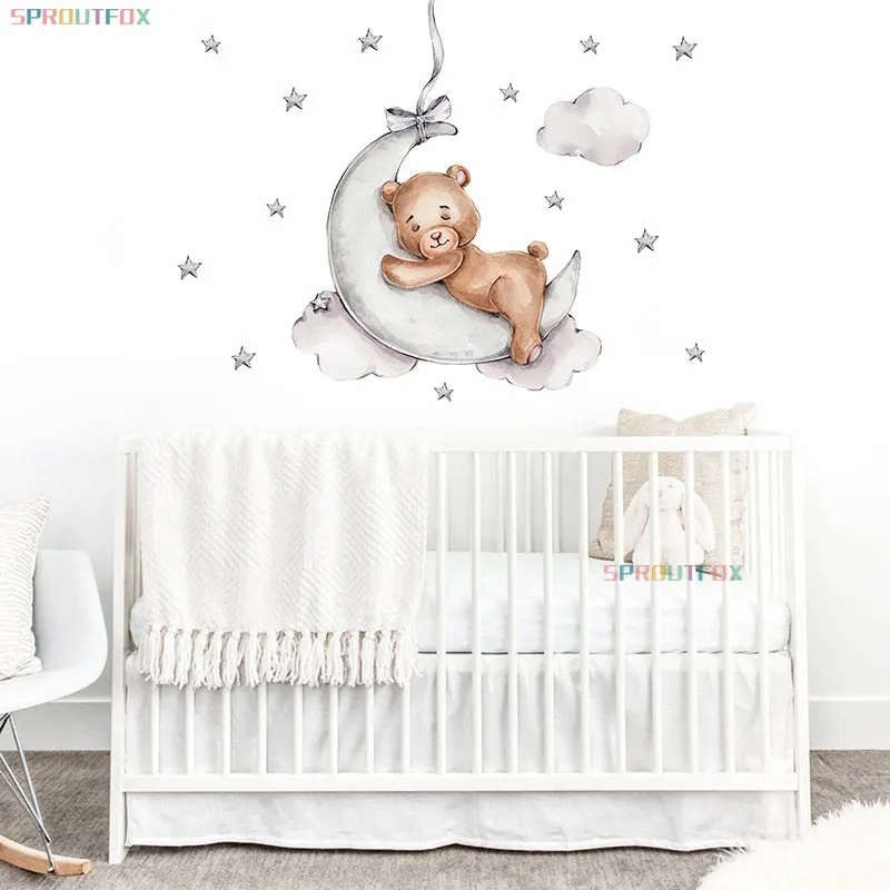 Moon Cloud Big Wall Stickers For Kids Rooms Boys Stars Large Wall Stickers For Children's Room Bear Bedroom Decoration
