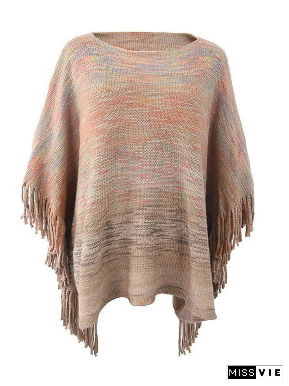 Women's Scoop Neck 3/4 Sleeve Knit Shawl Fringed Hem Striped Sweater Top