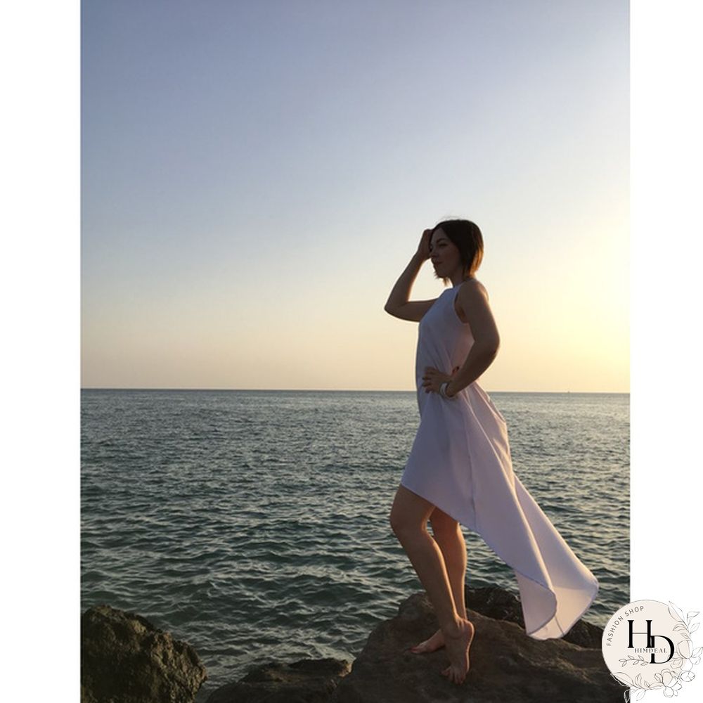 Women Summer Bohemian White Irregular Beach Dress Loose Flare Dress Tunic Female Sleeveless Beachwear Solid Boho Gowns Dresses