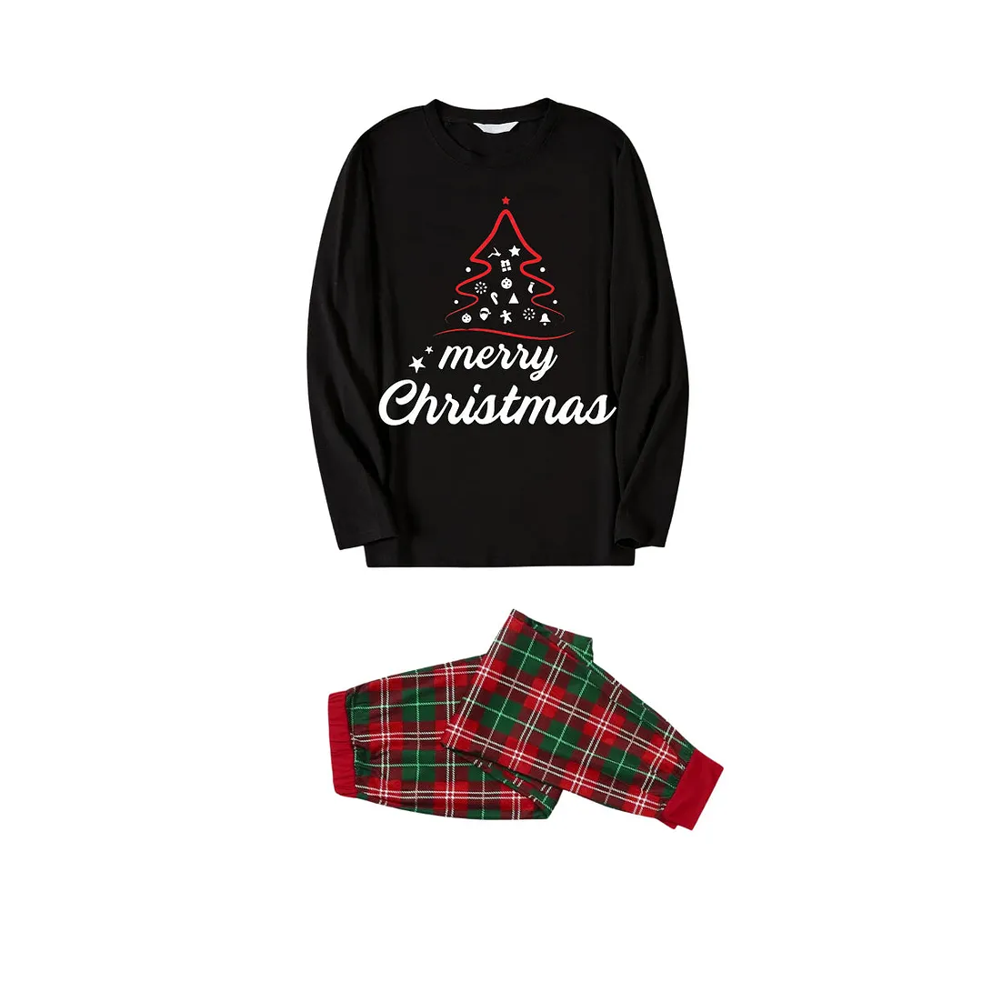 Red Christmas Tree Stick Figure - Black Top with Red & Green Plaid Pants Family Matching Pajama
