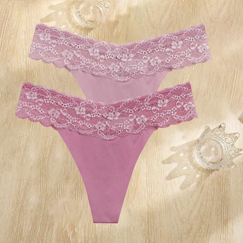 FINETOO 2PCS/Set Gstring Seamless Women Lace Pantys Girls Thongs S-L Fashion Sexy Underwear For Woman Lingerie Floral Panties
