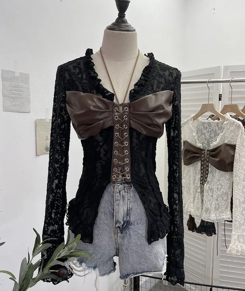 Uveng Real Shooting V Tie With Retro 2024 New Hottie Sexy Lace Splicing Pu Skin Hollow Shirt Top 6108
