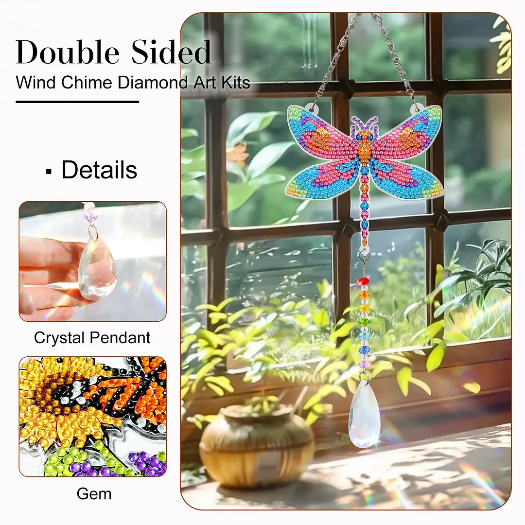 2Pcs Dragonfly DIY Acrylic Diamond Painting Art Wind Chimes with Crystal Pendant Diamond Art Hanging Pendant Double-Sided for Adults Beginners Gift Home Garden Decor
