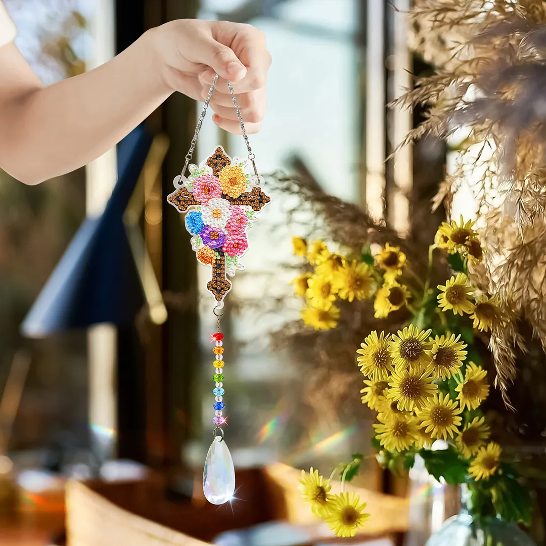 2Pcs Cross DIY Acrylic Diamond Painting Art Wind Chimes with Crystal Pendant Diamond Art Hanging Pendant Double-Sided for Adults Beginners Gift Home Garden Decor