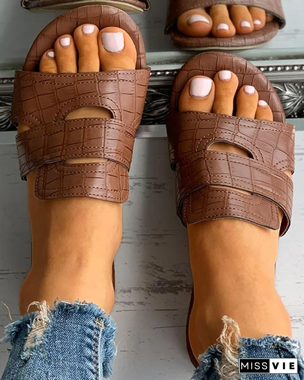 Croc Embossed Cutout Flat Sandals