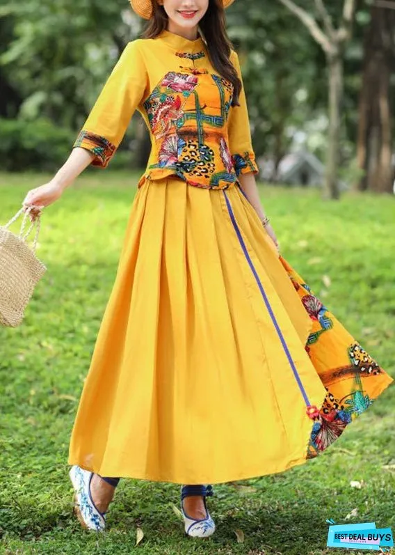 Stylish Yellow O-Neck Print Top And Skirts Two Piece Set Fall