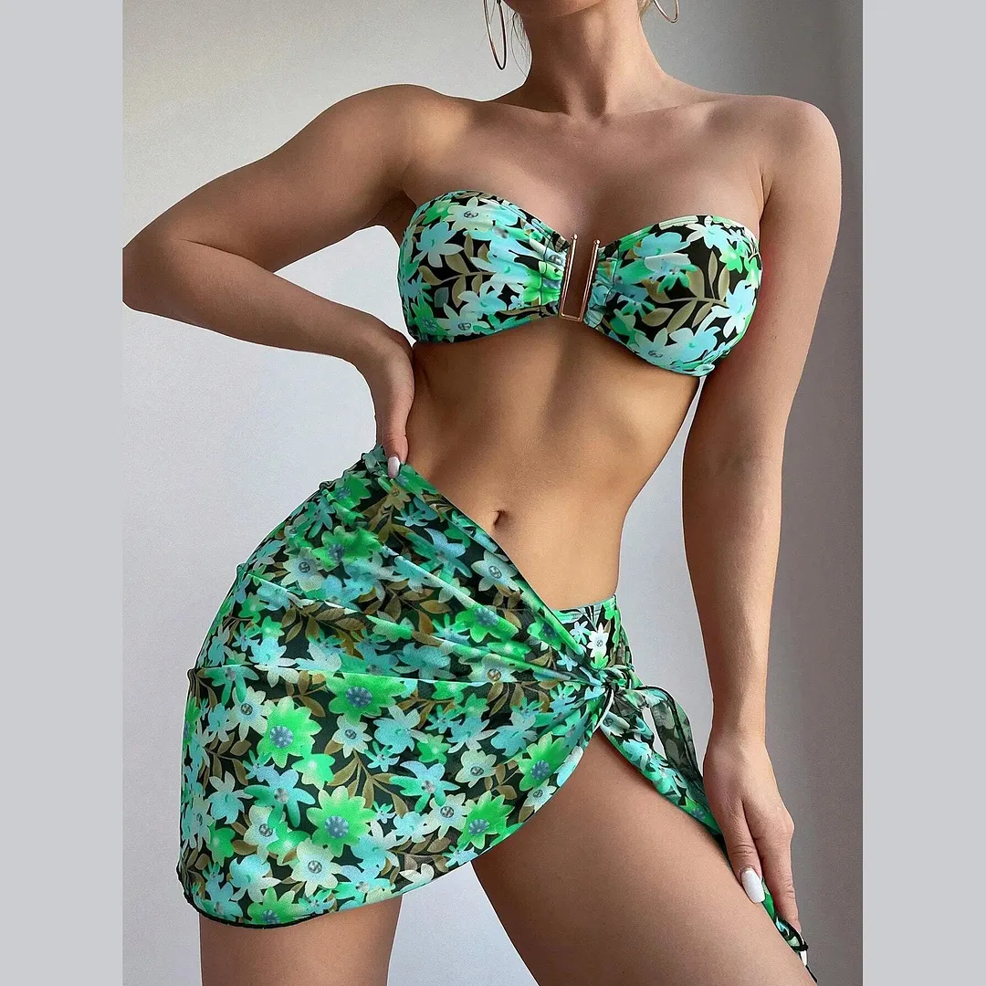Churchf 2025 Swimsuit Women Divided Metal U-Shaped Bikini Bikini Three-Piece Printed Swimsuit