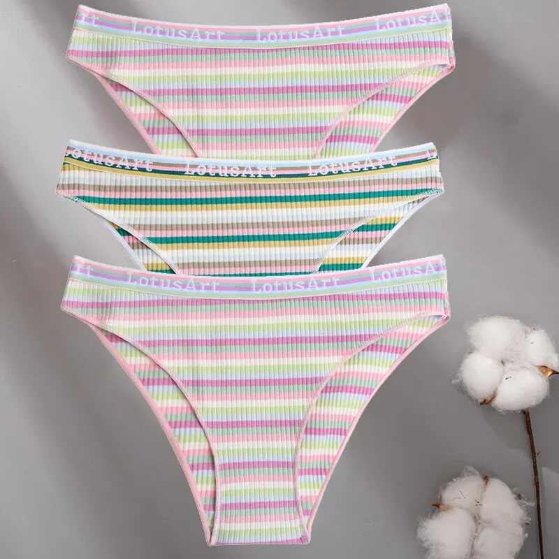 Billionm Women Cotton Colorful Stripe Panties Sexy Intimate Underwear Female Soft Solid Briefs Low Waist Underpant Soft Lingerie